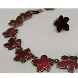 Vintage 15" Meka Denmark Sterling Silver & Red Guilloché Enamel Leaf Necklace |